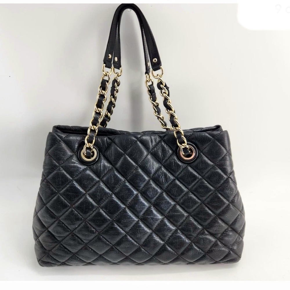 Kate Spade Quilted Tote Bag Chain Strap Black Leather Shoulder Bag